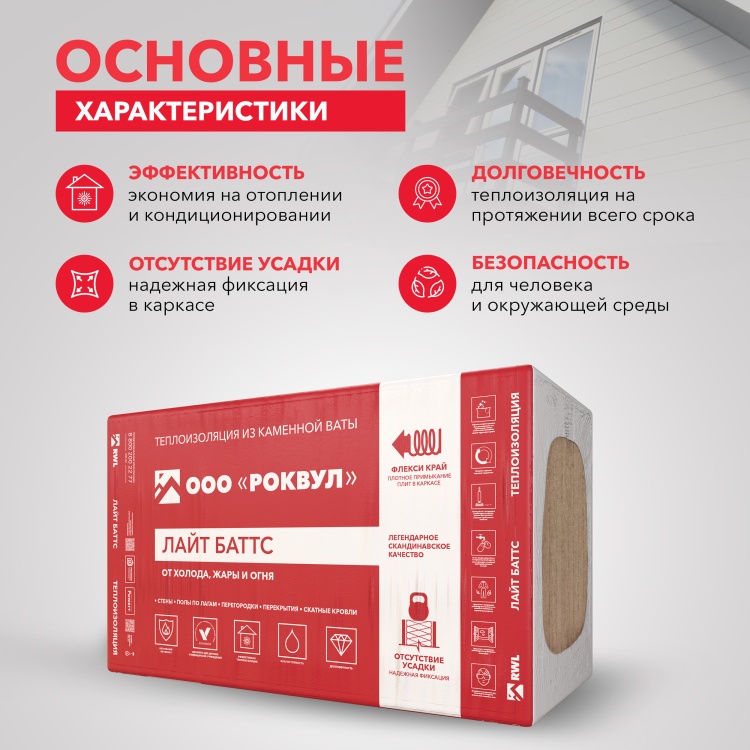 Утеплитель Роквул Лайт Баттс 1000х600х50 мм, 10 шт/уп, 6 м²