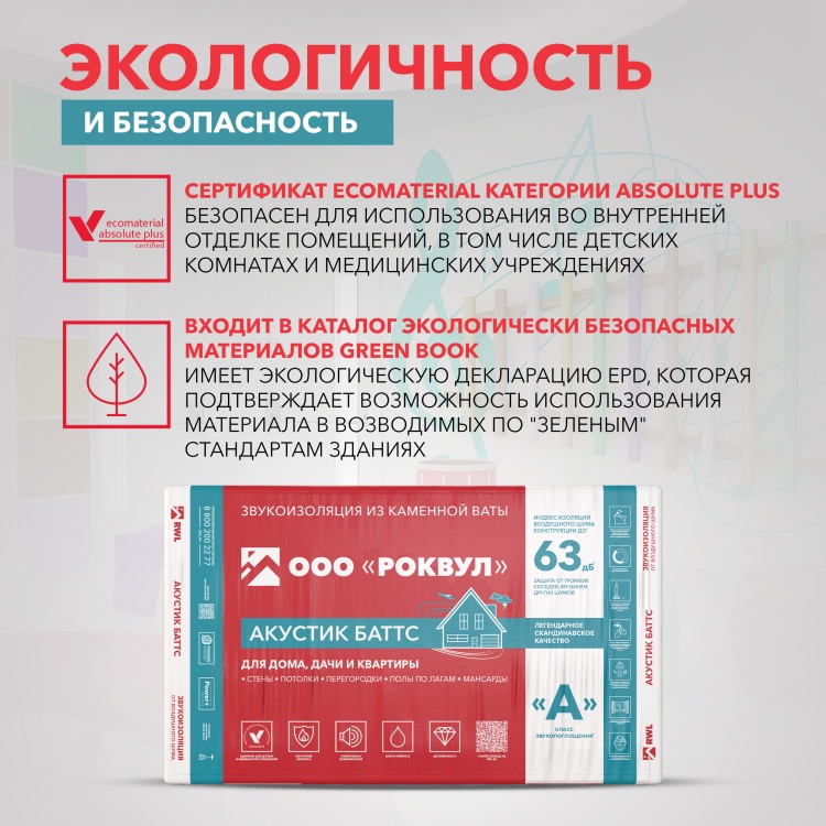 Шумоизоляция Роквул Акустик Баттс для стен, перегородок и потолка, 1000х600х50 мм, 10 шт/уп, 6 м²