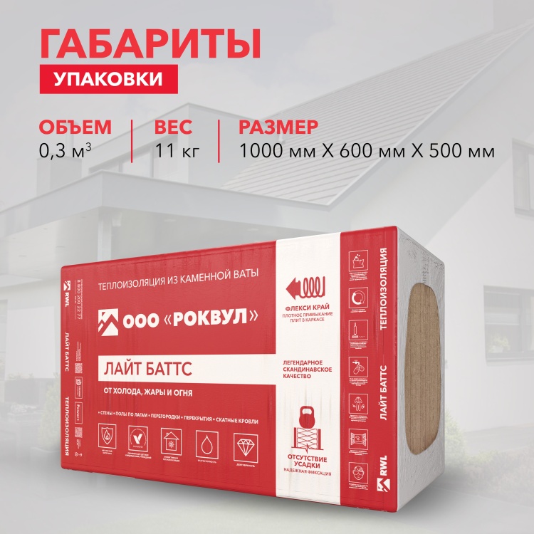 Утеплитель Роквул Лайт Баттс 1000х600х50 мм, 10 шт/уп, 6 м²