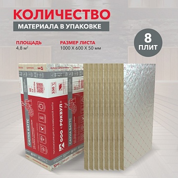 Утеплитель Роквул Сауна Баттс фольгированный 1000х600х50 мм, 8 шт/уп, 4,8 м²